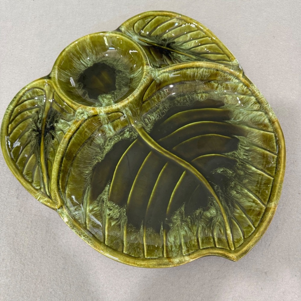 Wade of California Serving Tray Large Green Leaf Drip Glaze MCM Divided